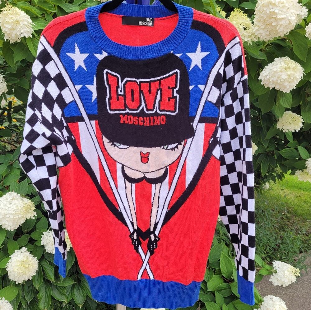 Love Moschino Race Theme Boop Babe Logo Sweater Stars Red Blue White size Small